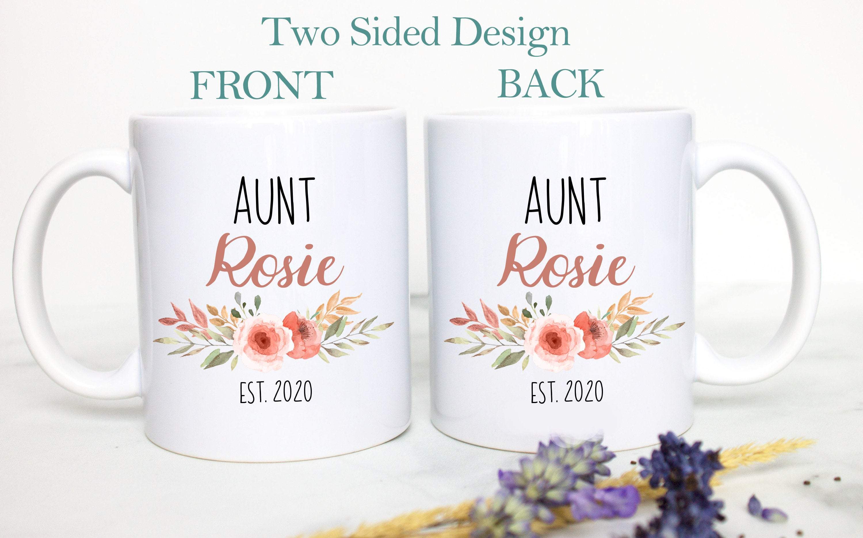Personalized Aunt Name Peach Floral - White Ceramic Mug - Inkpot