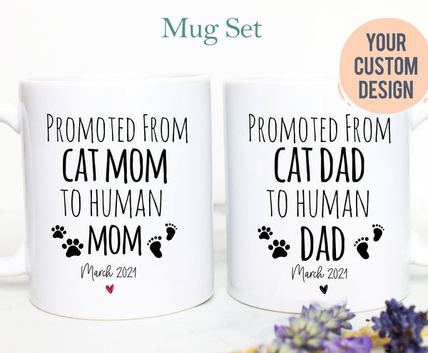 Promoted from Cat Mom and Dad to Human Individual OR Mug Set #2, Dad To Be Gift, New Dad, New Mom, Pregnancy Announcement, Baby Reveal, Cat
