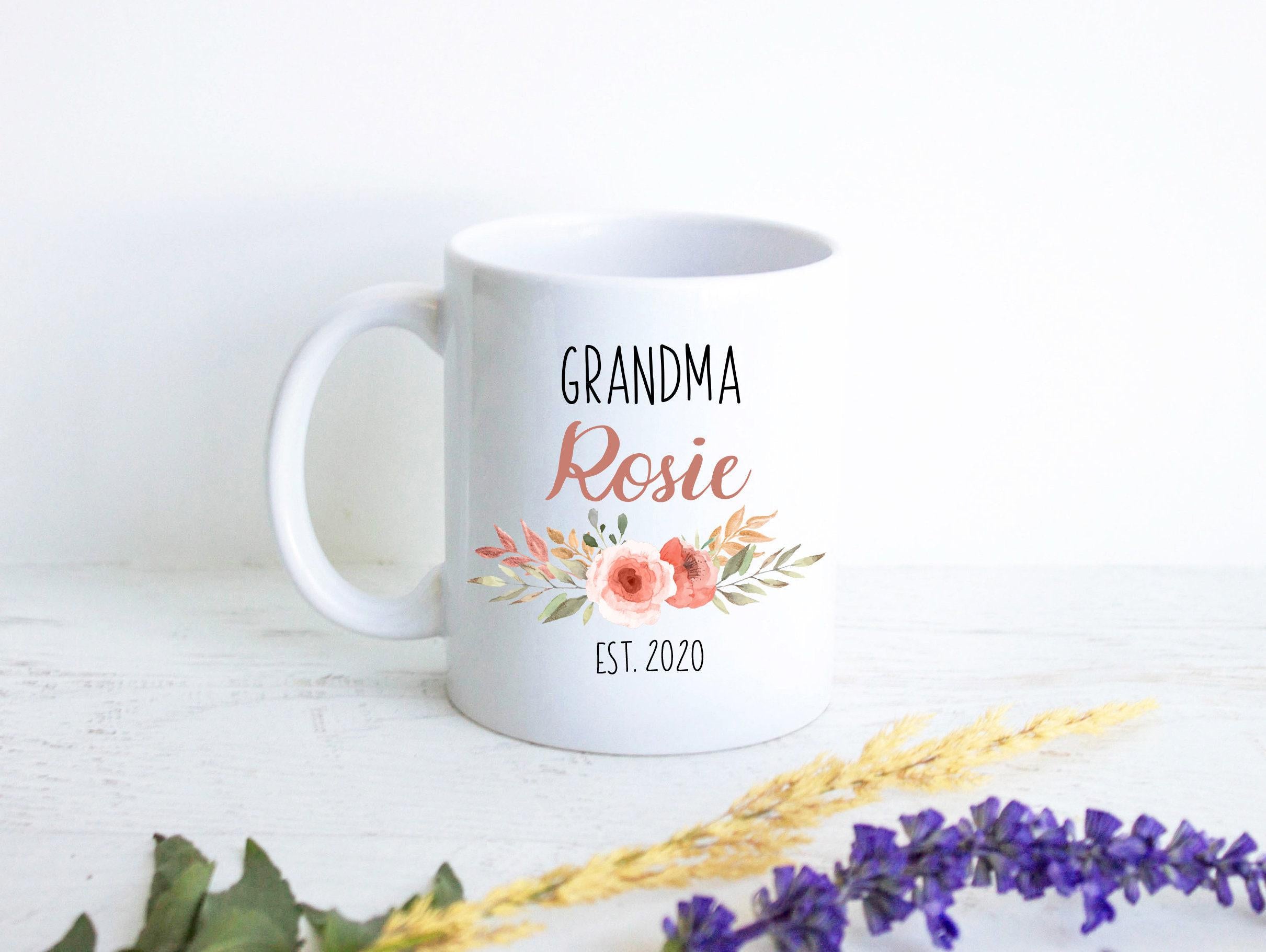 Peach Floral Personalized Grandma Name EST - White Ceramic Mug