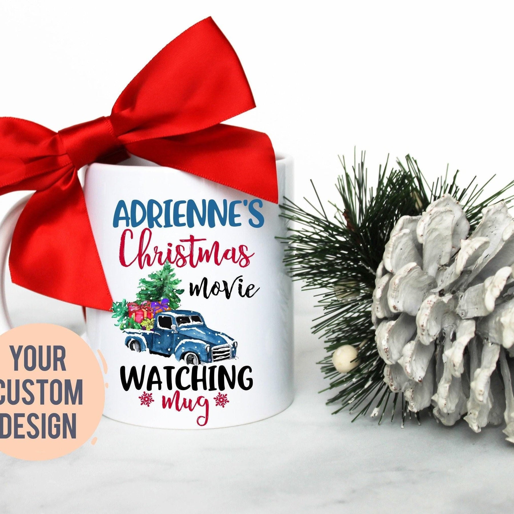 This is My Custom Name Christmas Movie Watching Mug Blue - White Ceramic Mug