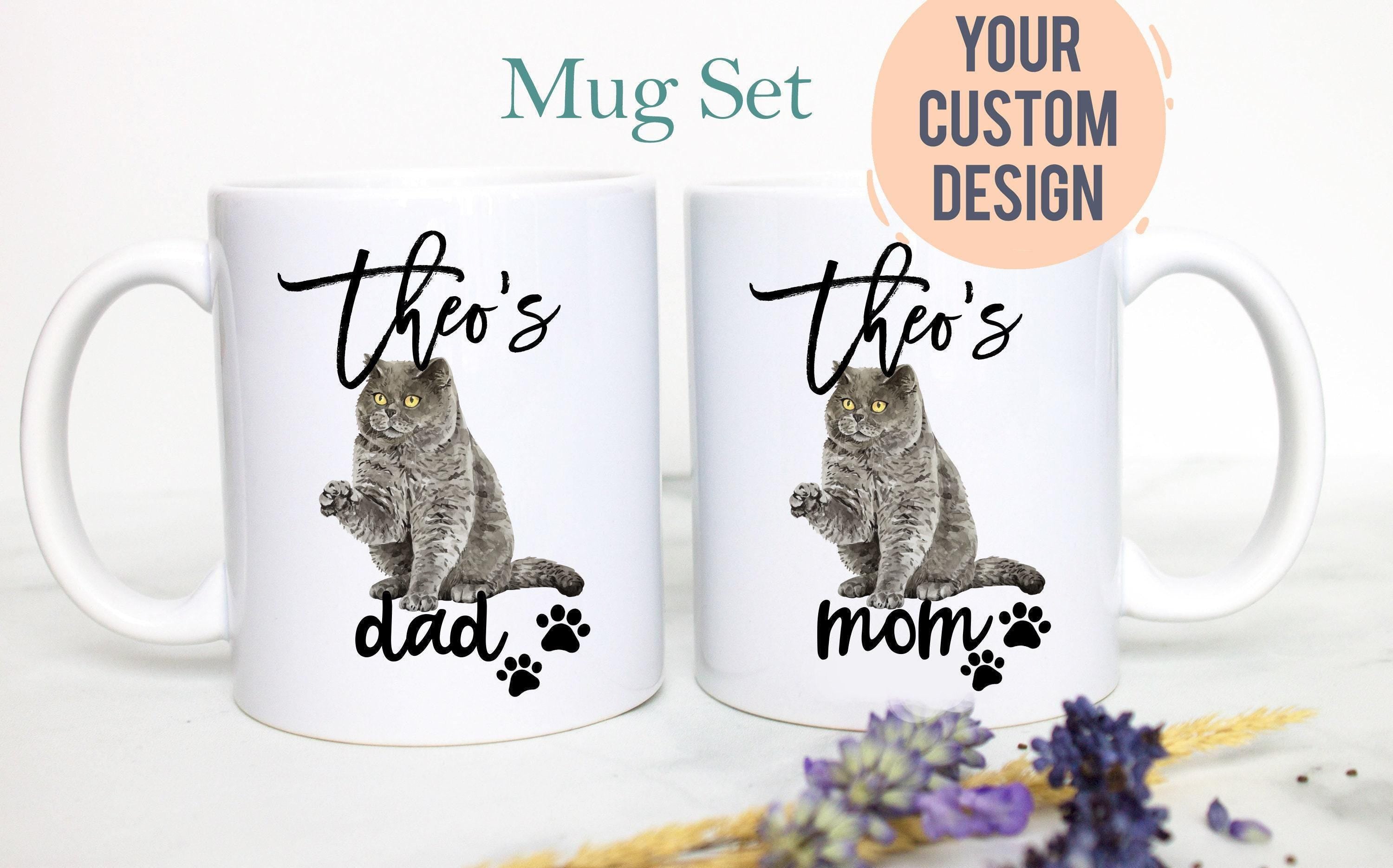 Personalized Grey British Shorthair Cat Mom and Dad Individual or Mug Set - White Ceramic Custom Mug