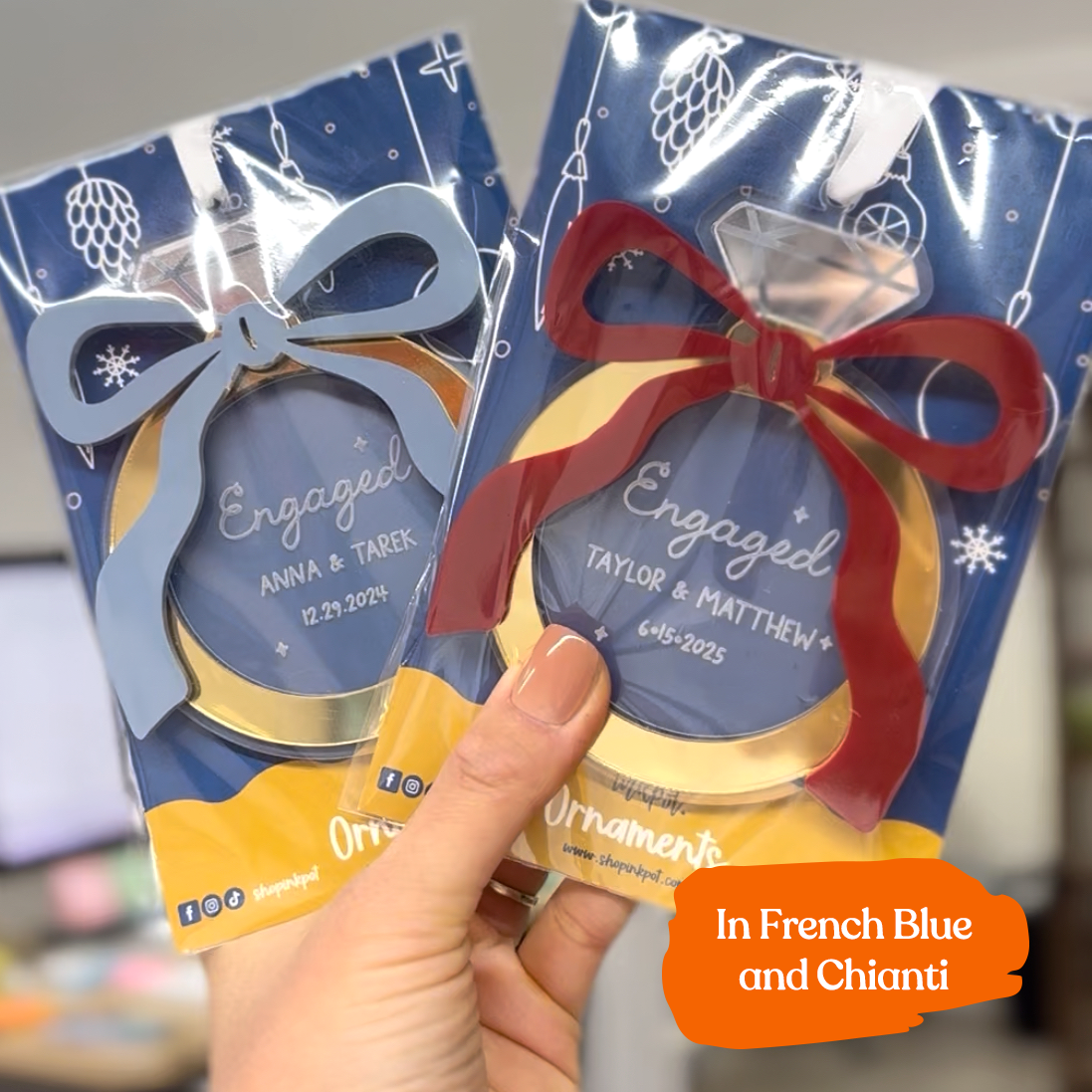 First Christmas Engaged Coquette Bow Ornament 2025