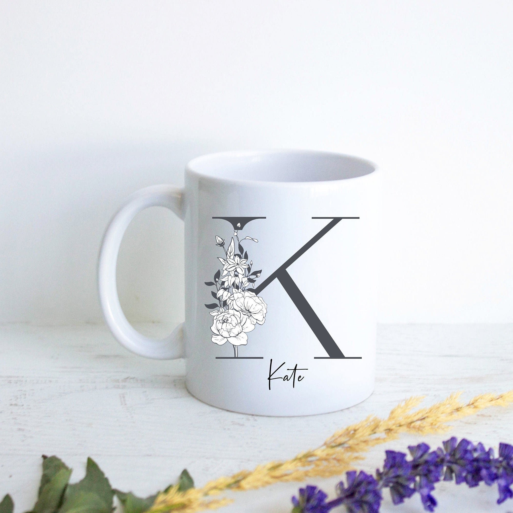 Grey Floral with Custom Initial and Name - White Ceramic Mug - Inkpot