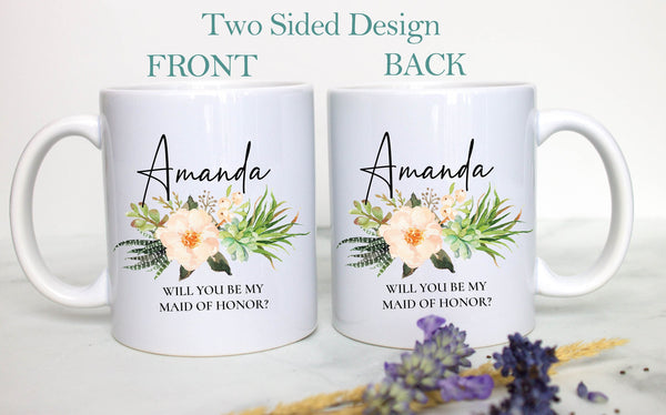 Boho Bohemian Succulent Floral Bridesmaid Custom Name With Date - White Ceramic Mug