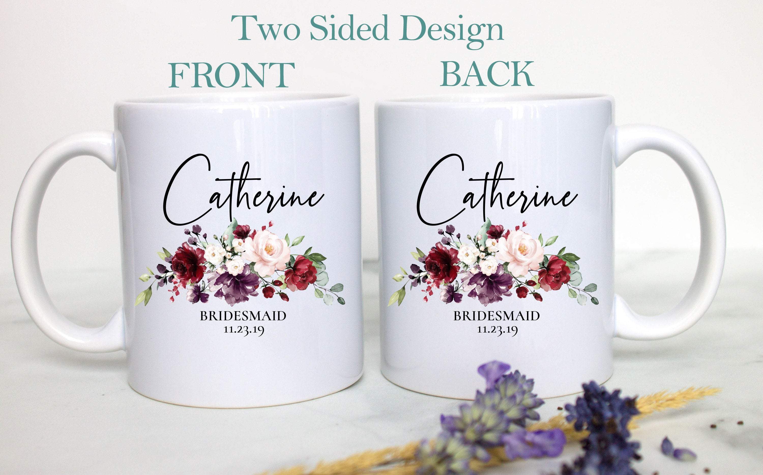 Fall Burgundy Floral Bridesmaid Custom Name With Date - White Ceramic Mug