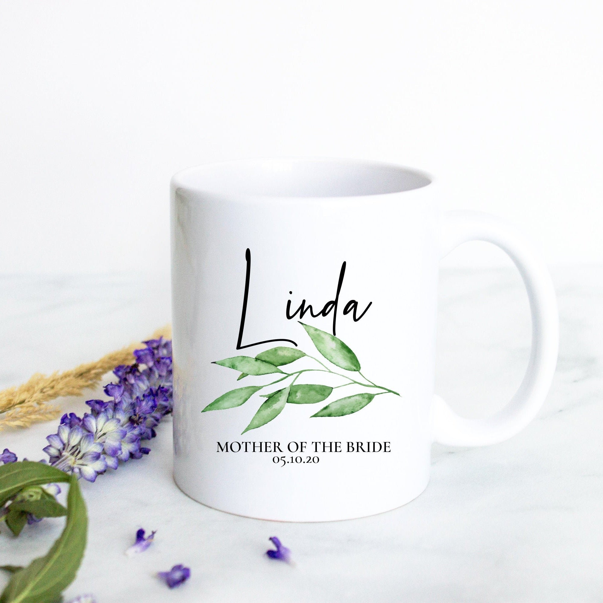 Greenery Eucalyptus Leaf Mother of the Groom, Mother of the Bride Custom Name - White Ceramic Mug - Inkpot