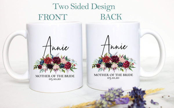 Burgundy Fall Winter Floral Mother of the Groom Custom Name With Date - White Ceramic Mug - Inkpot