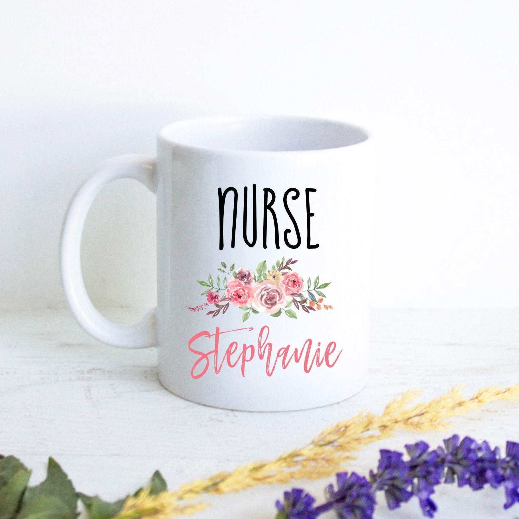 Nurse Floral Monogram With Custom Name - White Ceramic Mug