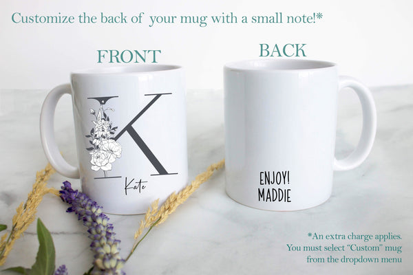 Grey Floral with Custom Initial and Name - White Ceramic Mug - Inkpot