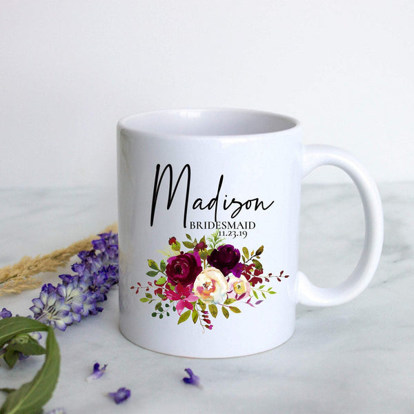 Burgundy Fall Floral Bridesmaid Custom Name With Date - White Ceramic Mug