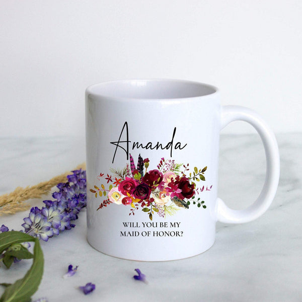 Burgundy Boho Floral Bridesmaid Custom Name With Date - White Ceramic Mug - Inkpot