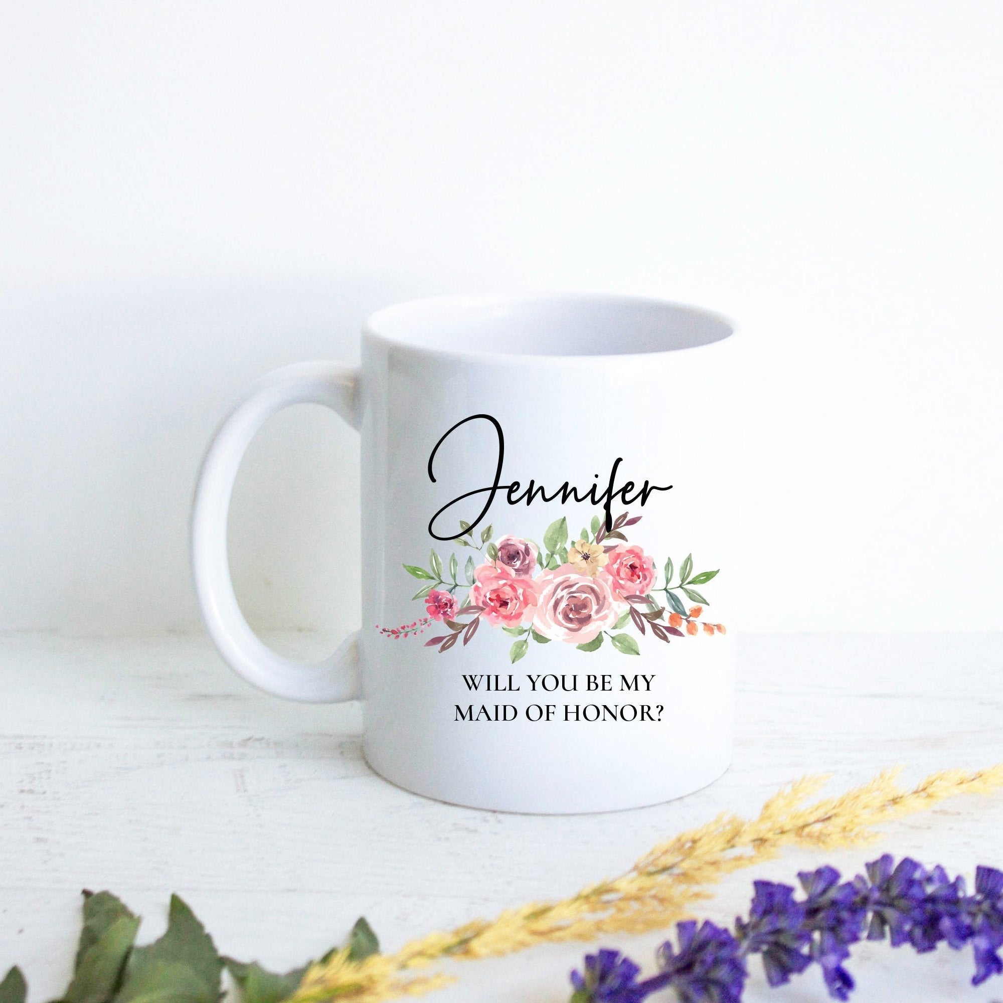 Pink Floral Bridesmaid Custom Name and Date - White Ceramic Mug