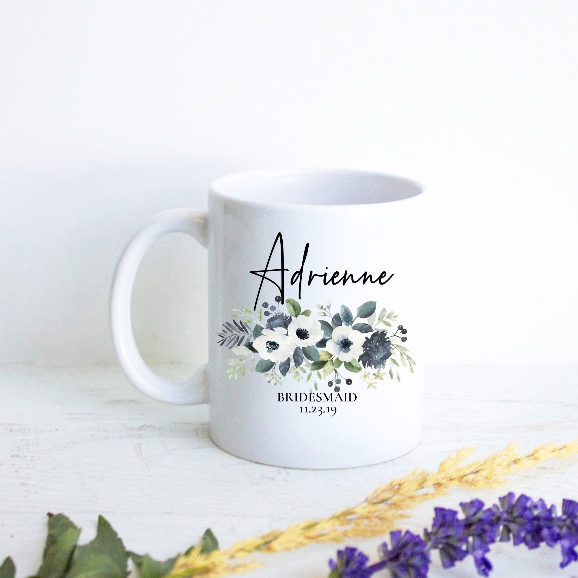 Blue Floral Bridesmaid Custom Name With Date  - White Ceramic Mug - Inkpot