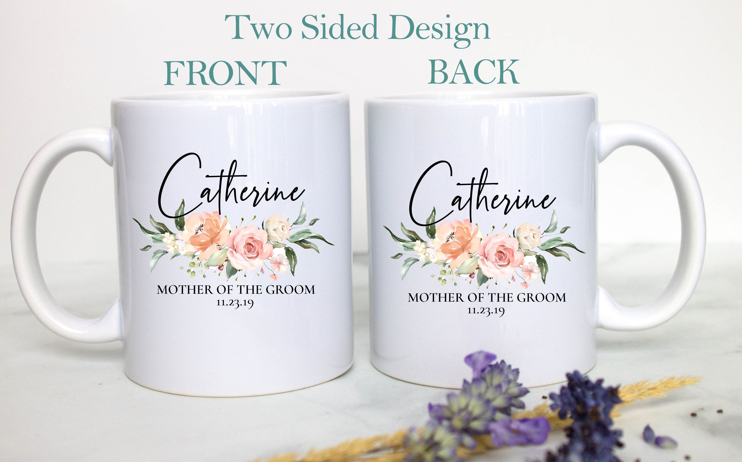 Light Peach Pink Floral Mother of the Groom Custom Name and Date - White Ceramic Mug - Inkpot