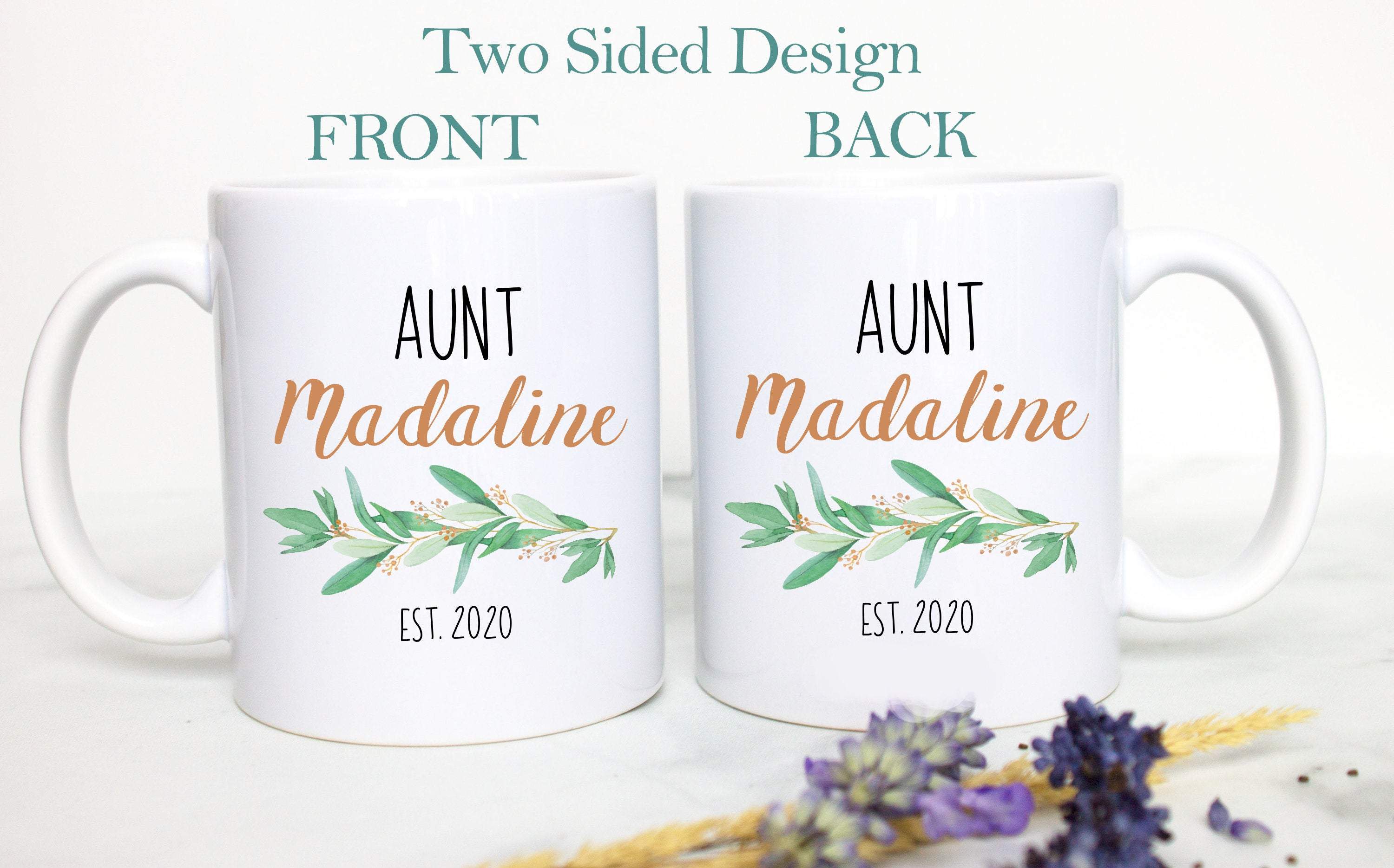 Personalized Aunt Name Greenery - White Ceramic Mug - Inkpot