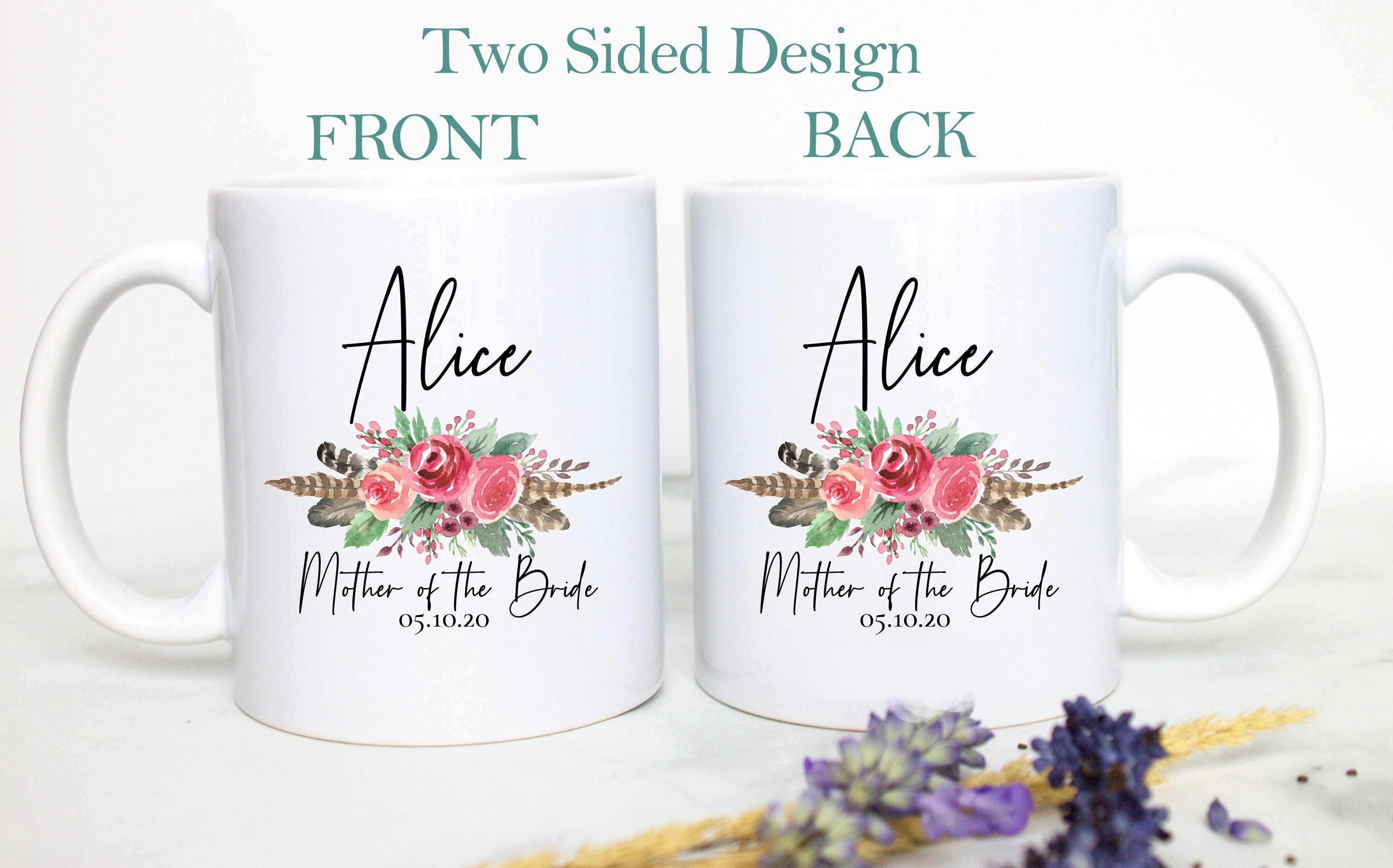 Bohemian Boho Fall Floral Mother of the Groom Custom Name With Date - White Ceramic Mug