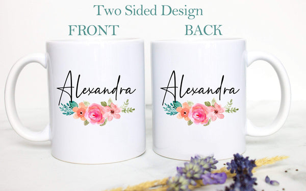 Bright Floral with Custom Name - White Ceramic Mug