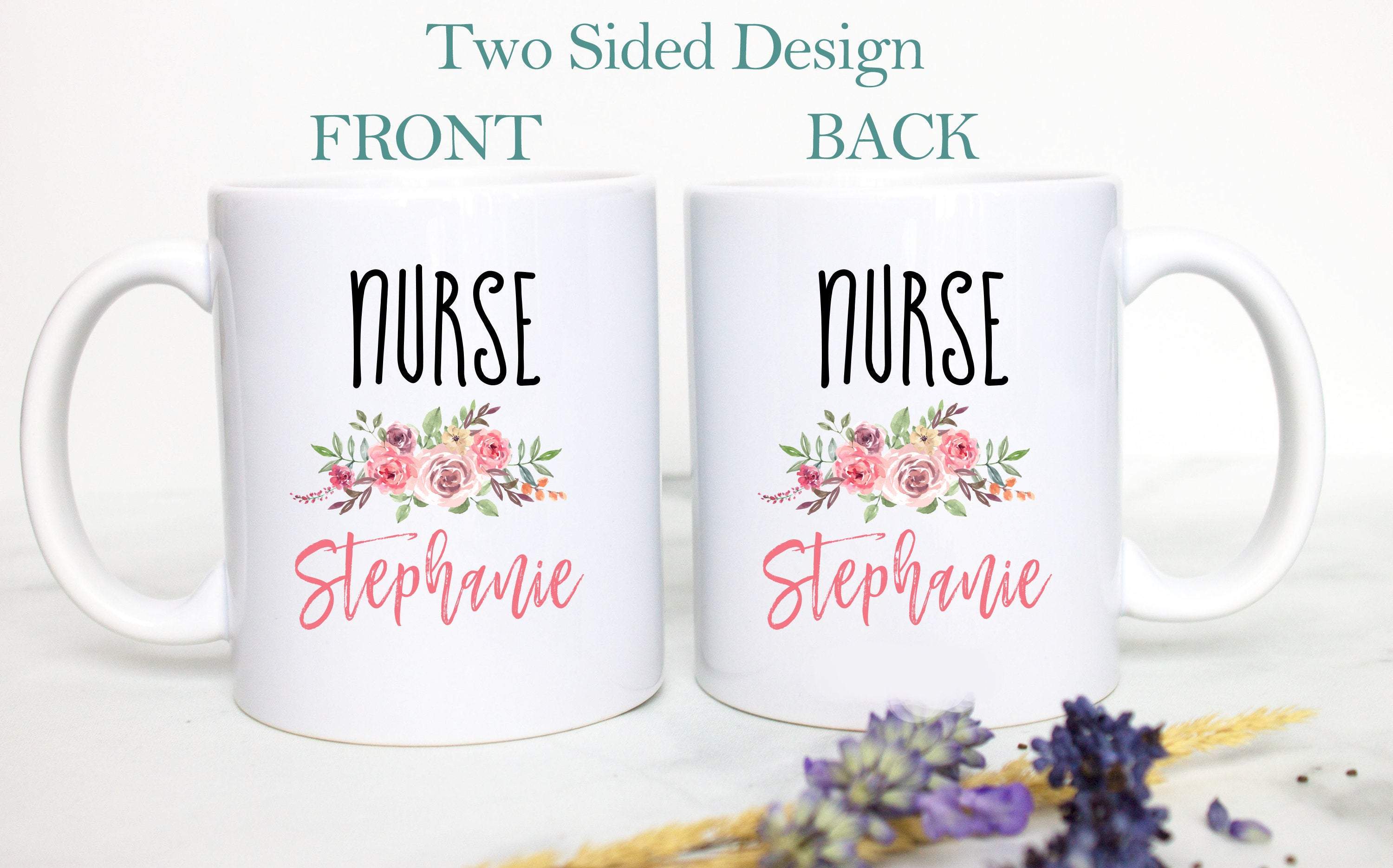 Nurse Floral Monogram With Custom Name - White Ceramic Mug