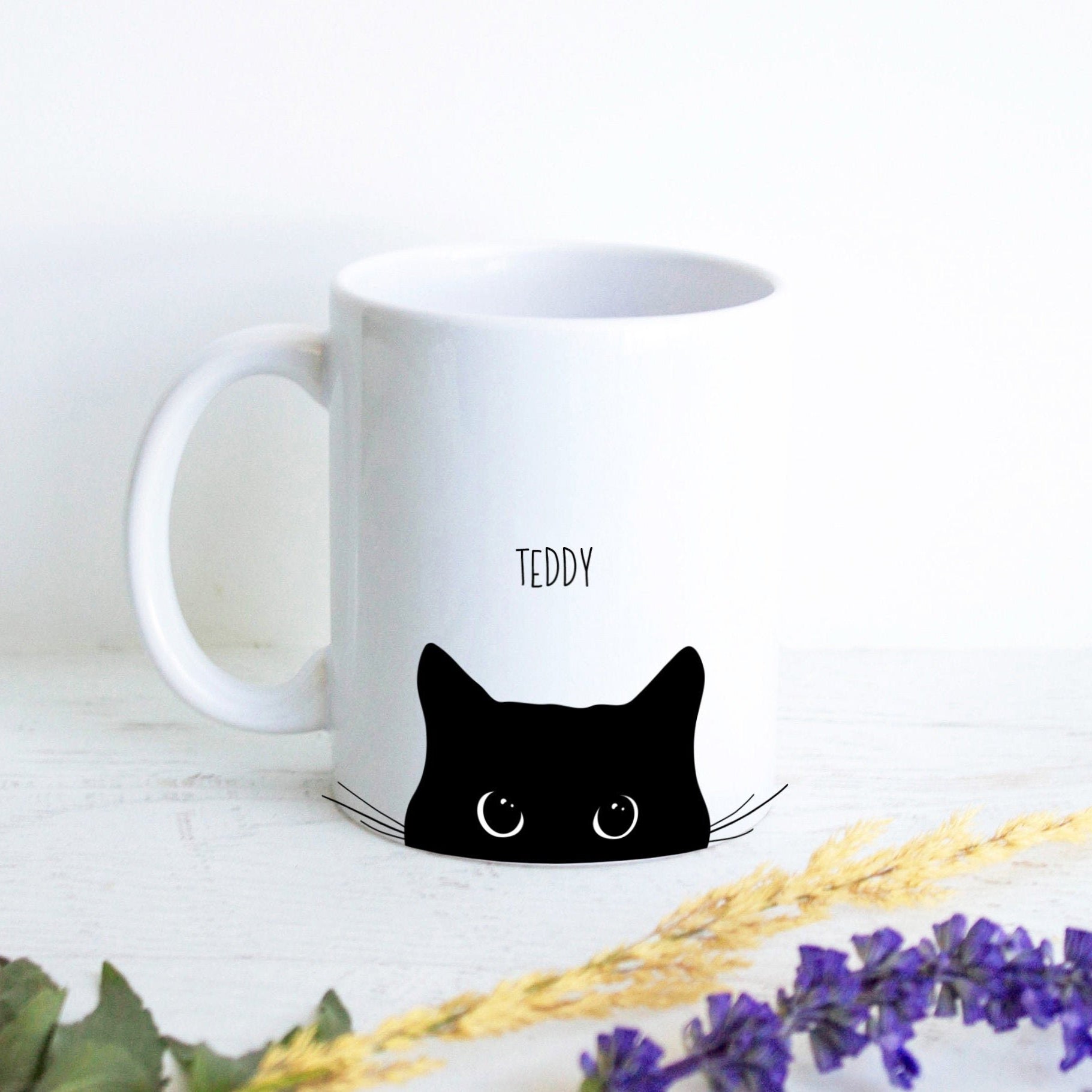 Personalized Black Cat Name Mug #2 - White Ceramic Custom Mug - Inkpot