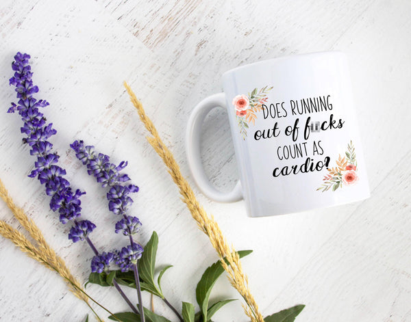Does Running Out Of Fucks Count as Cardio Peach Floral Mug - White Ceramic Mug