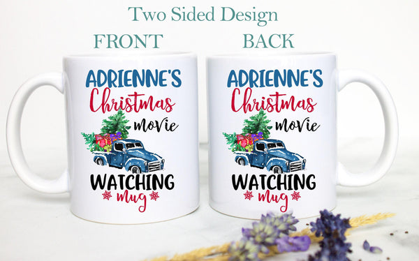 This is My Custom Name Christmas Movie Watching Mug Blue - White Ceramic Mug