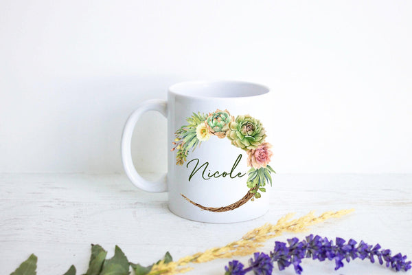 Succulent Wreath with Custom Name - White Ceramic Mug
