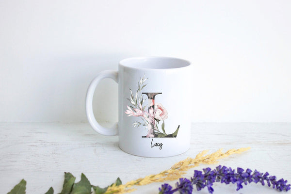 Woodland Floral with Custom Initial and Name - White Ceramic Mug