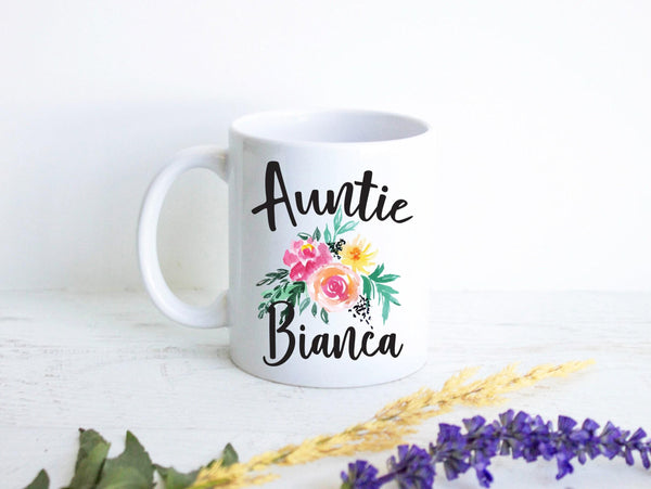 Personalized Auntie Name Floral - White Ceramic Mug