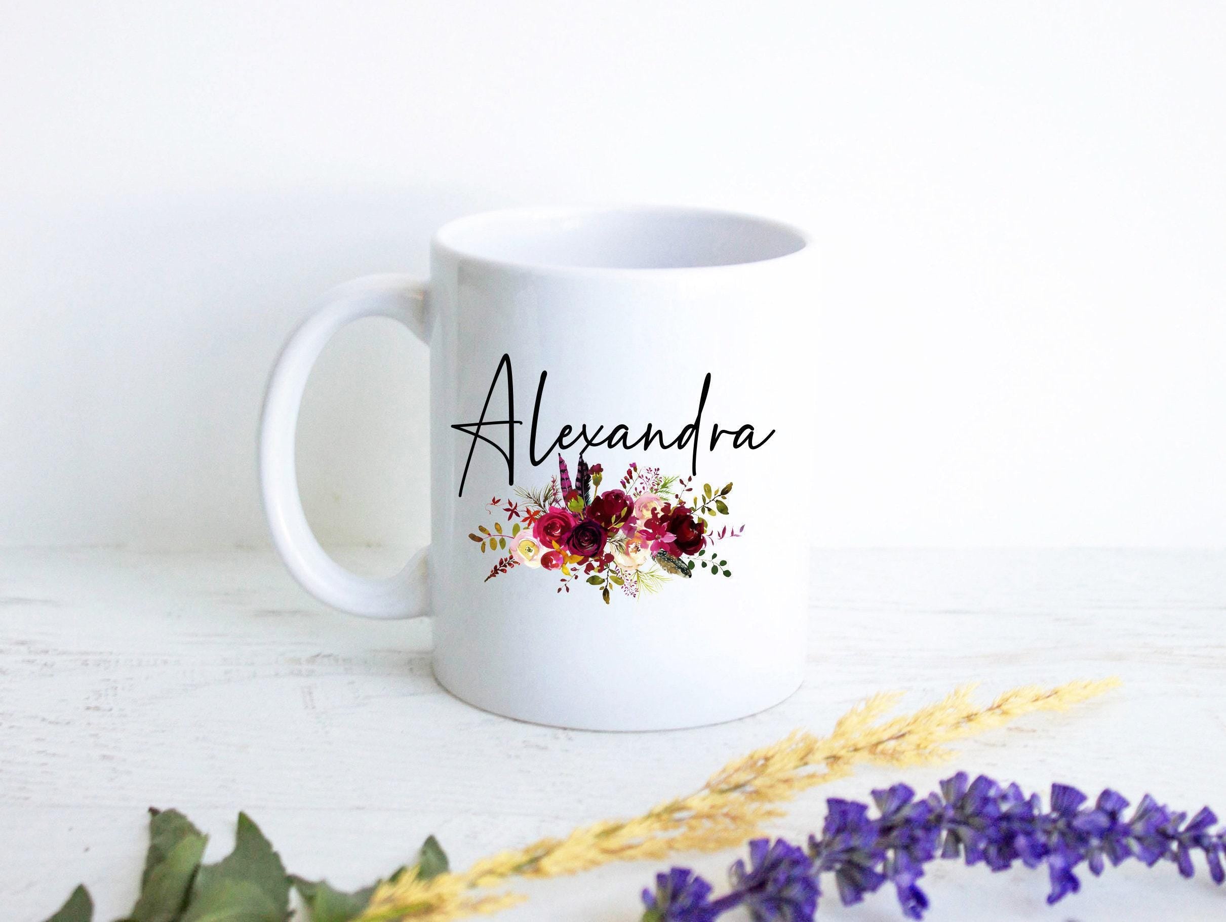 Red Floral with Custom Name - White Ceramic Mug