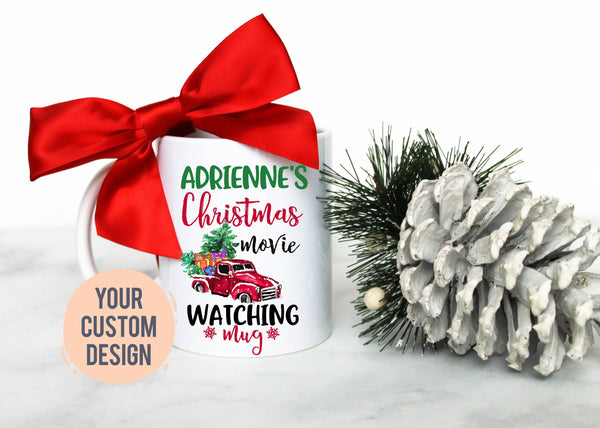 This is My Custom Name Christmas Movie Watching Mug Blue - White Ceramic Mug