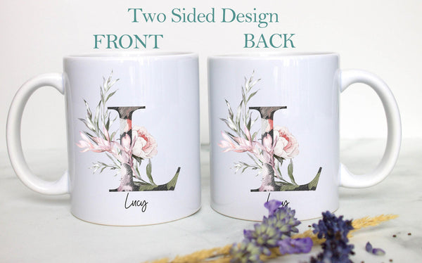 Woodland Floral with Custom Initial and Name - White Ceramic Mug