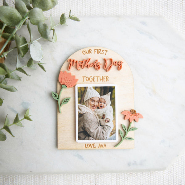 First Mothers Day Gift, New Mom Gift, Personalized Photo Magnet, Baby First Mother's Day, Floral Magnet, Wood Acrylic Magnet