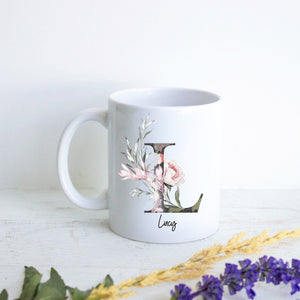 Woodland Floral with Custom Initial and Name - White Ceramic Mug - Inkpot