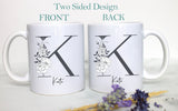 Grey Floral with Custom Initial and Name - White Ceramic Mug - Inkpot