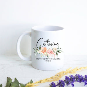 Light Peach Pink Floral Mother of the Groom Custom Name and Date - White Ceramic Mug - Inkpot