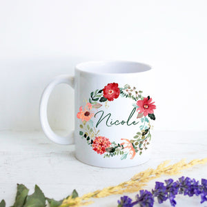 Red Floral Floral Wreath with Custom Name - White Ceramic Mug - Inkpot