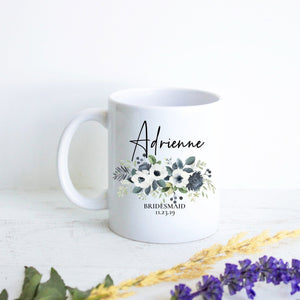 Blue Floral Bridesmaid Custom Name With Date  - White Ceramic Mug - Inkpot