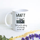 Photographer Custom Name Black and Grey - White Ceramic Mug - Inkpot