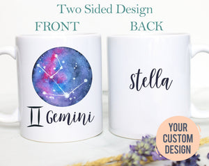 Gemini Mug, Personalized Name Zodiac Mug, Gift for Her, Custom Name Mug, Gemini Gift, Gemini Coffee Mug, Zodiac Gift, Constellation Gift
