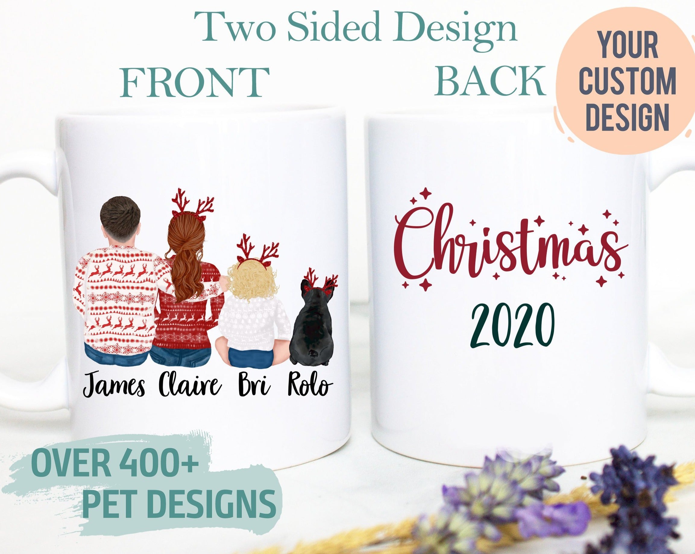 Custom Holiday Family Couple Pet Portrait - White Ceramic Mug