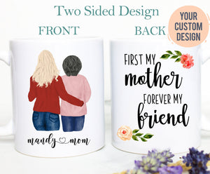 Personalized Mother and Daughter Portrait | First My Mom Forever My Friend, Mother&#39;s Day Gift, Gift Mom, Mom Custom Mug, Mom Birthday Gift